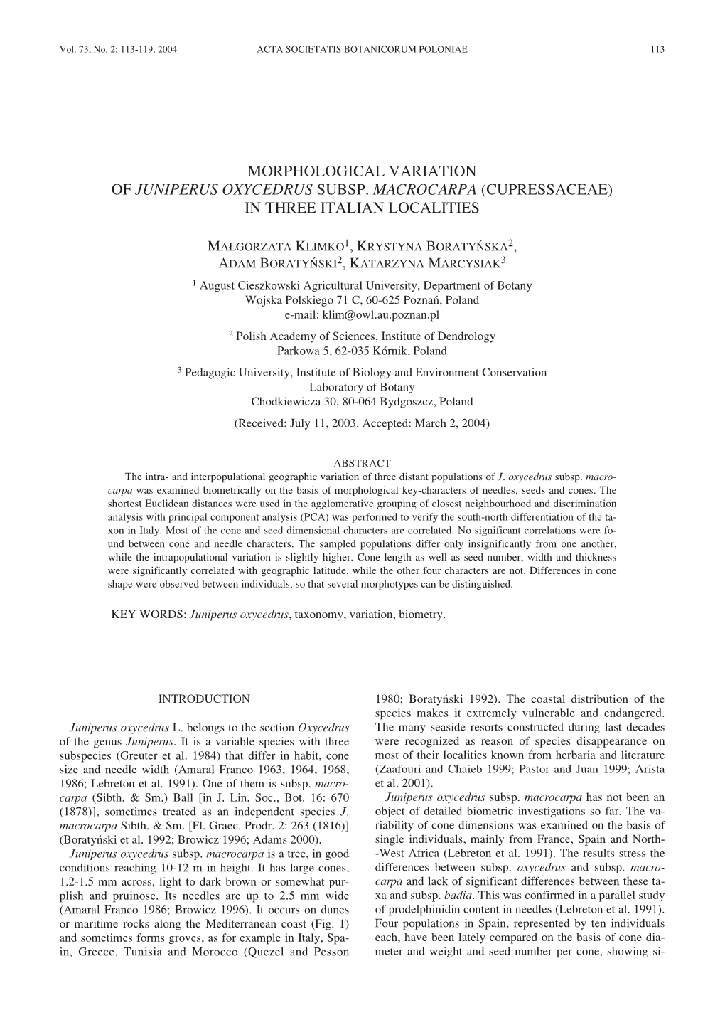 Morphological Variation of Juniperus Oxycedrus Subsp