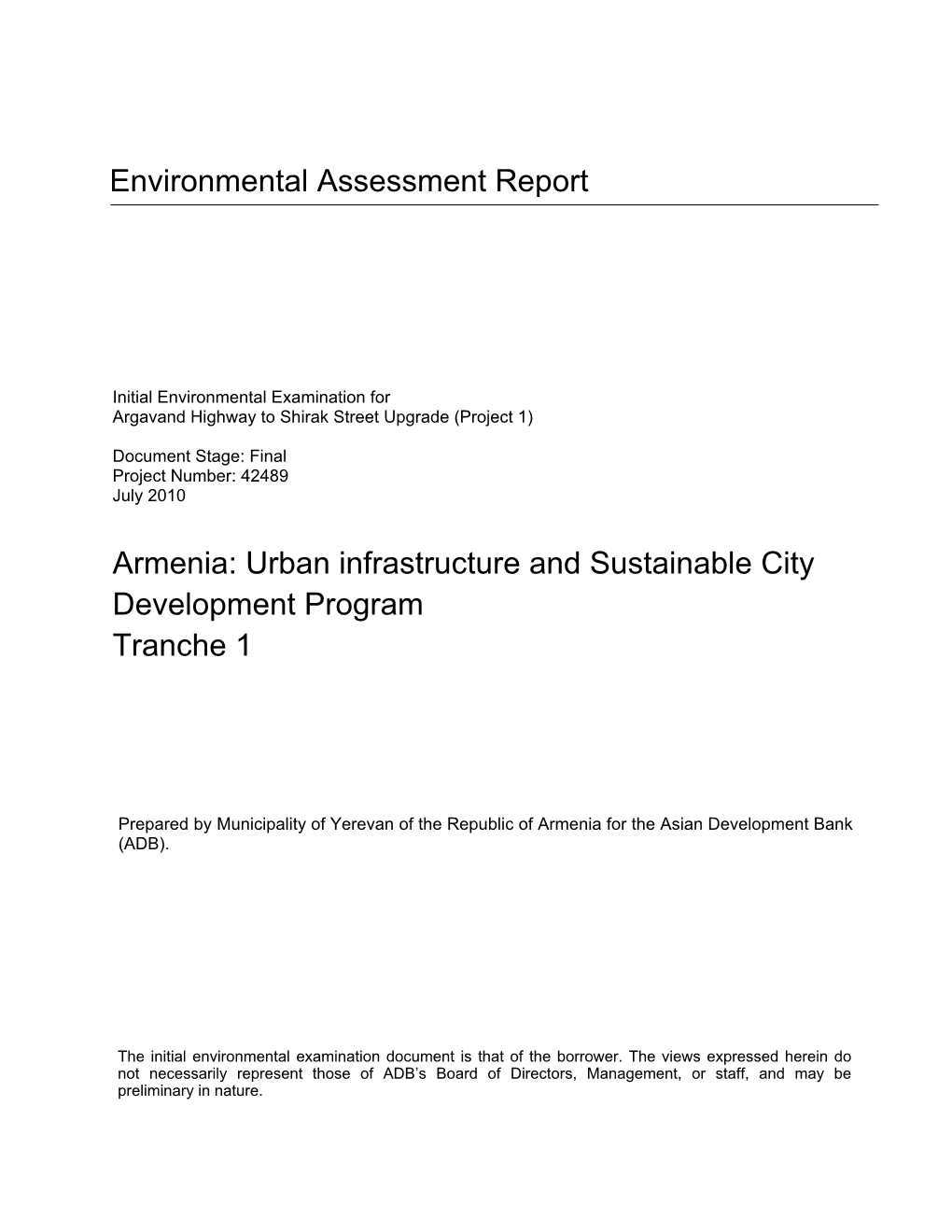 Initial Environmental Examination: Armenia