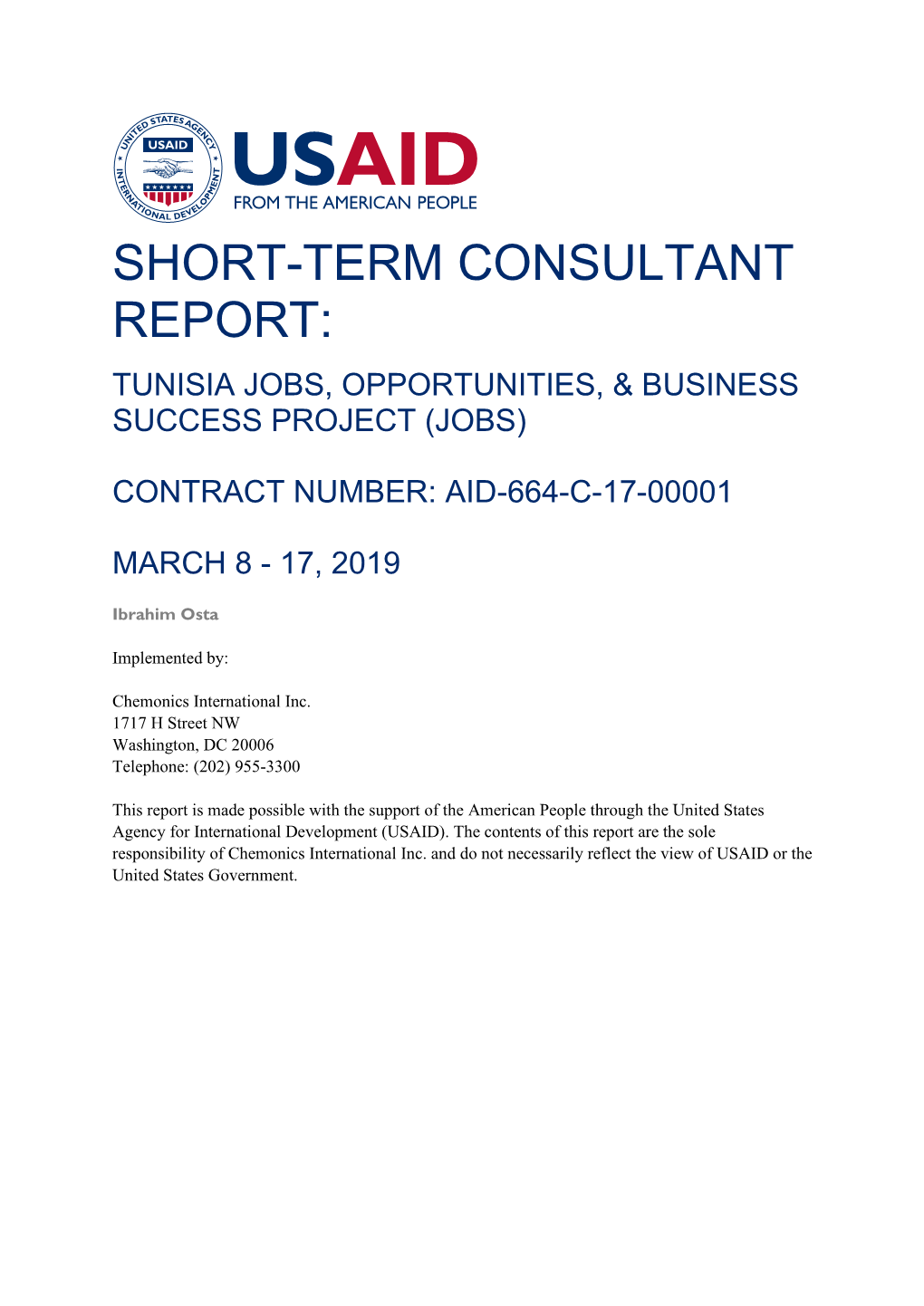 Short-Term Consultant Report: Tunisia Jobs, Opportunities, & Business Success Project (Jobs)