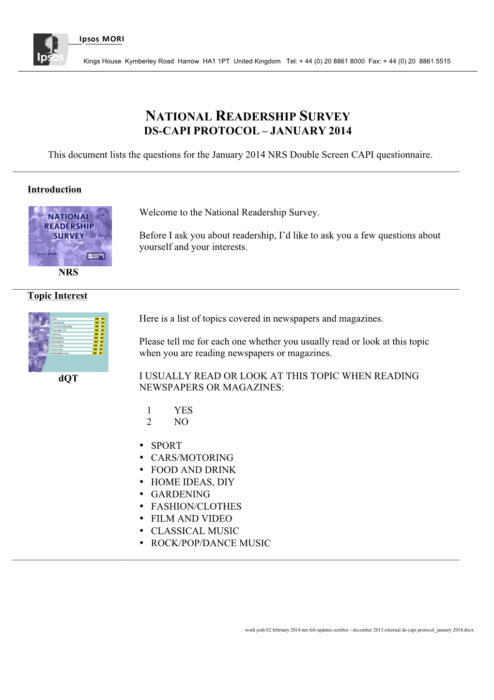 National Readership Survey Ds-Capi Protocol – January 2014