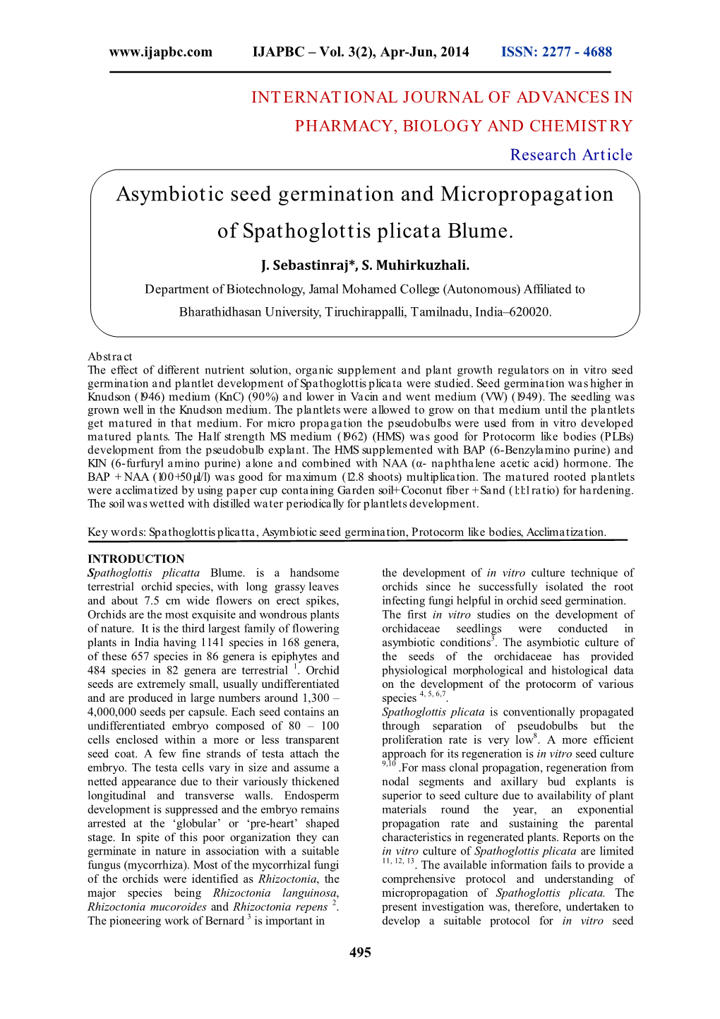 Asymbiotic Seed Germination and Micropropagation of Spathoglottis Plicata Blume