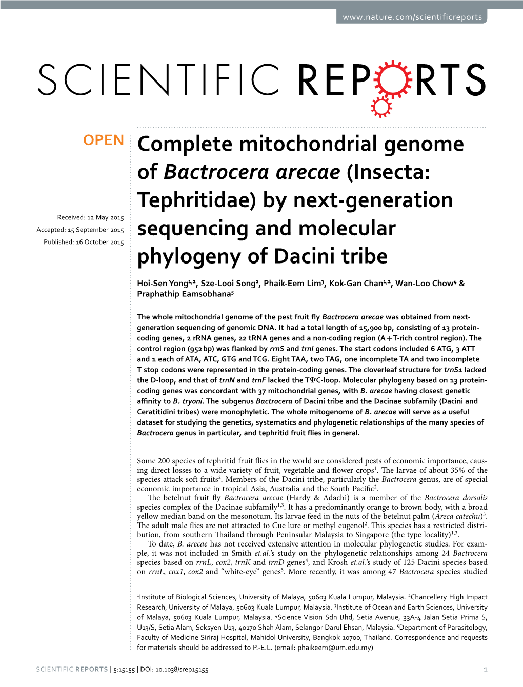 Complete Mitochondrial Genome of Bactrocera Arecae