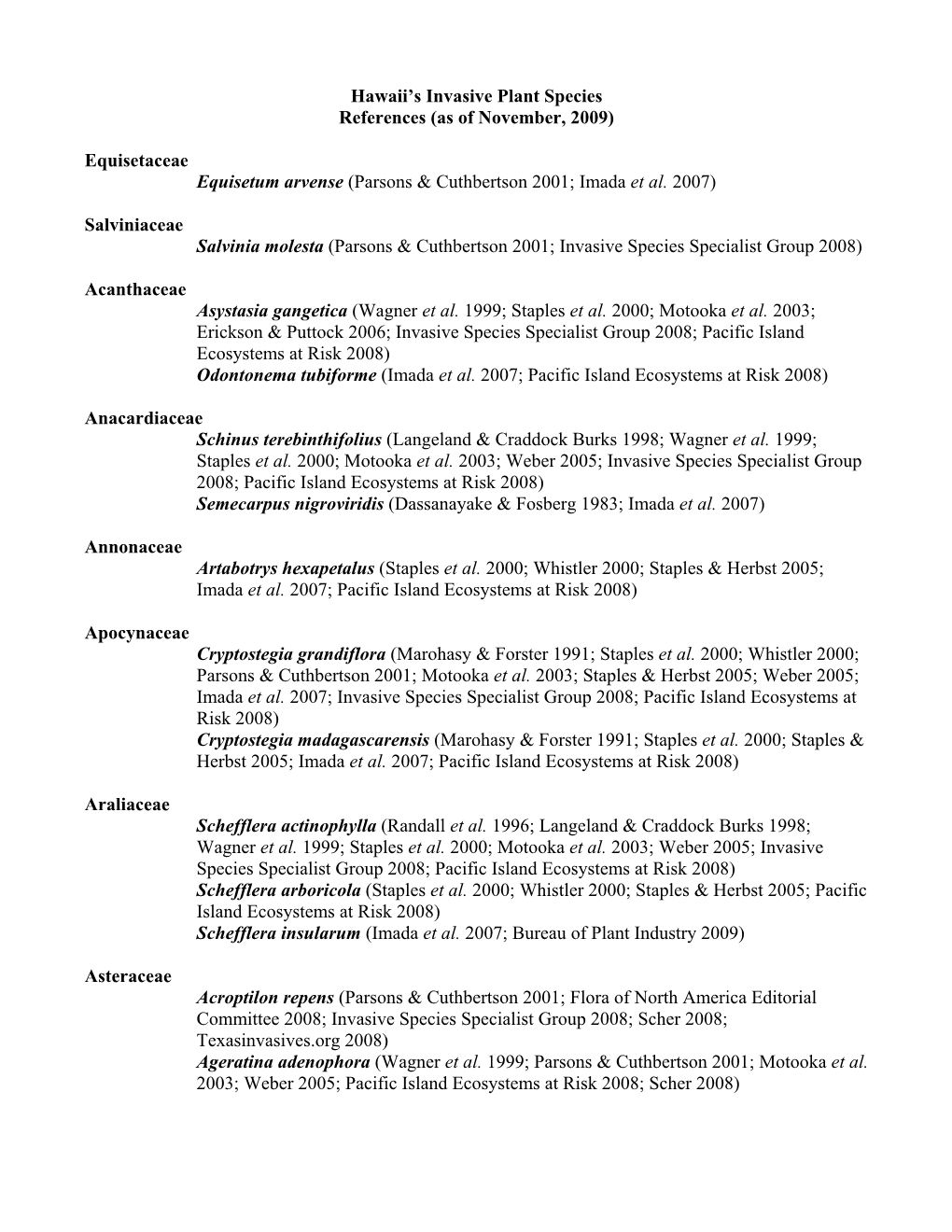 Hawaii's Invasive Plant Species References