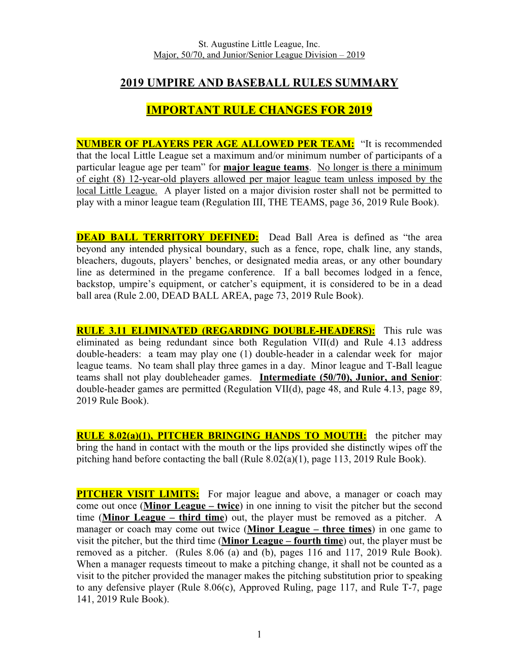 2019 Umpire and Baseball Rules Summary Important