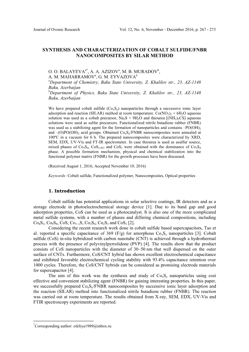 Synthesis and Characterization of Cobalt Sulfide/Fnbr Nanocomposites by Silar Method