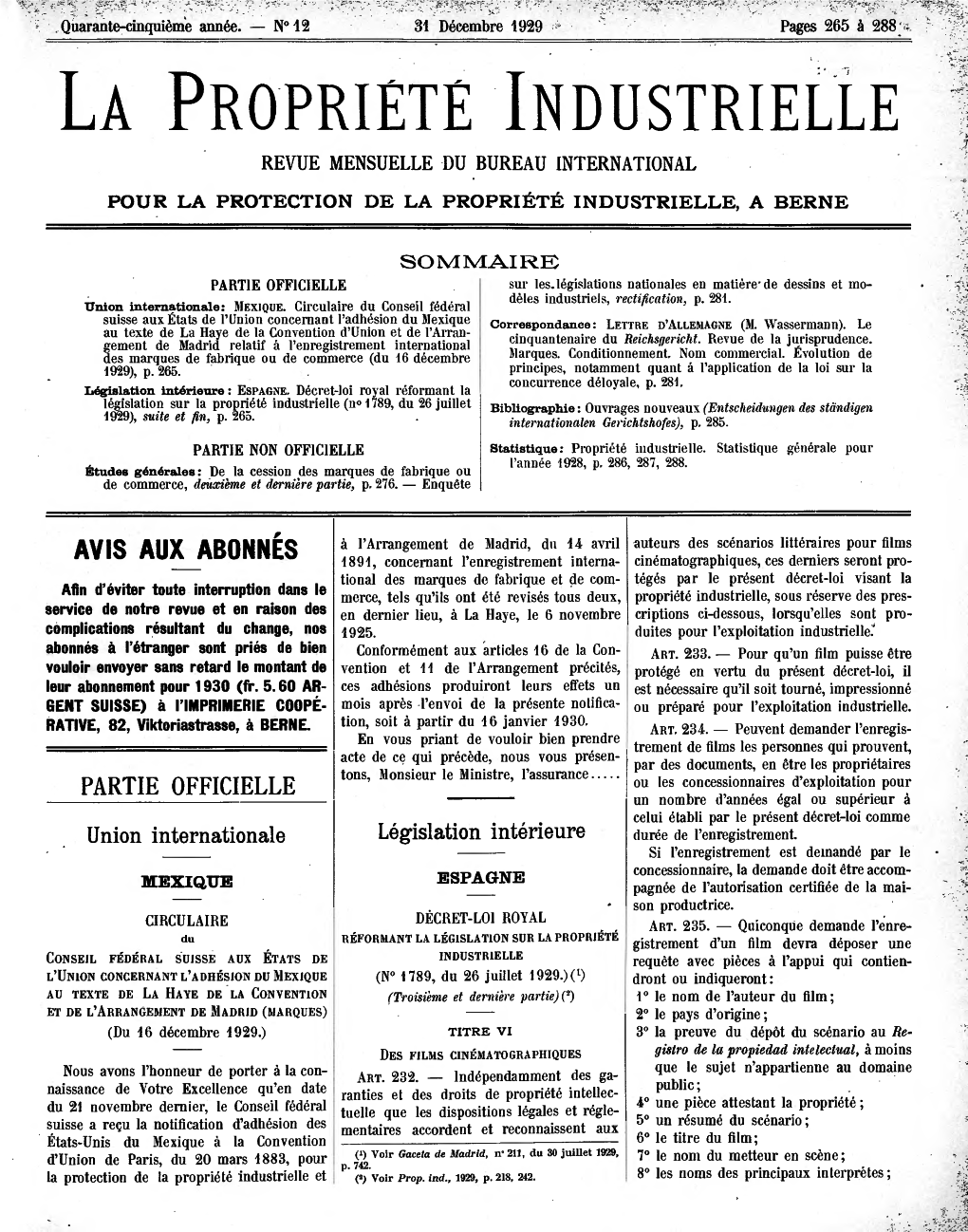 La Propriété Industrielle Revue Mensuelle Du Bureau International Pour La Protection De La Propriété Industrielle, a Berne