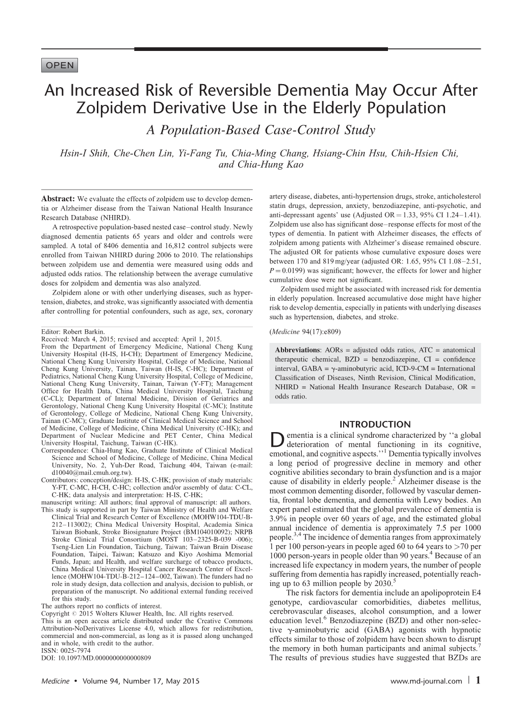 An Increased Risk of Reversible Dementia May Occur After Zolpidem Derivative Use in the Elderly Population a Population-Based Case-Control Study