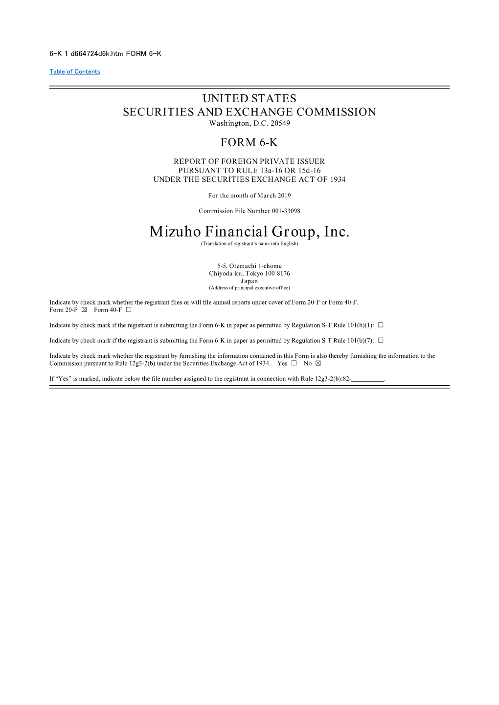 Mizuho Financial Group, Inc. (Translation of Registrant’S Name Into English)