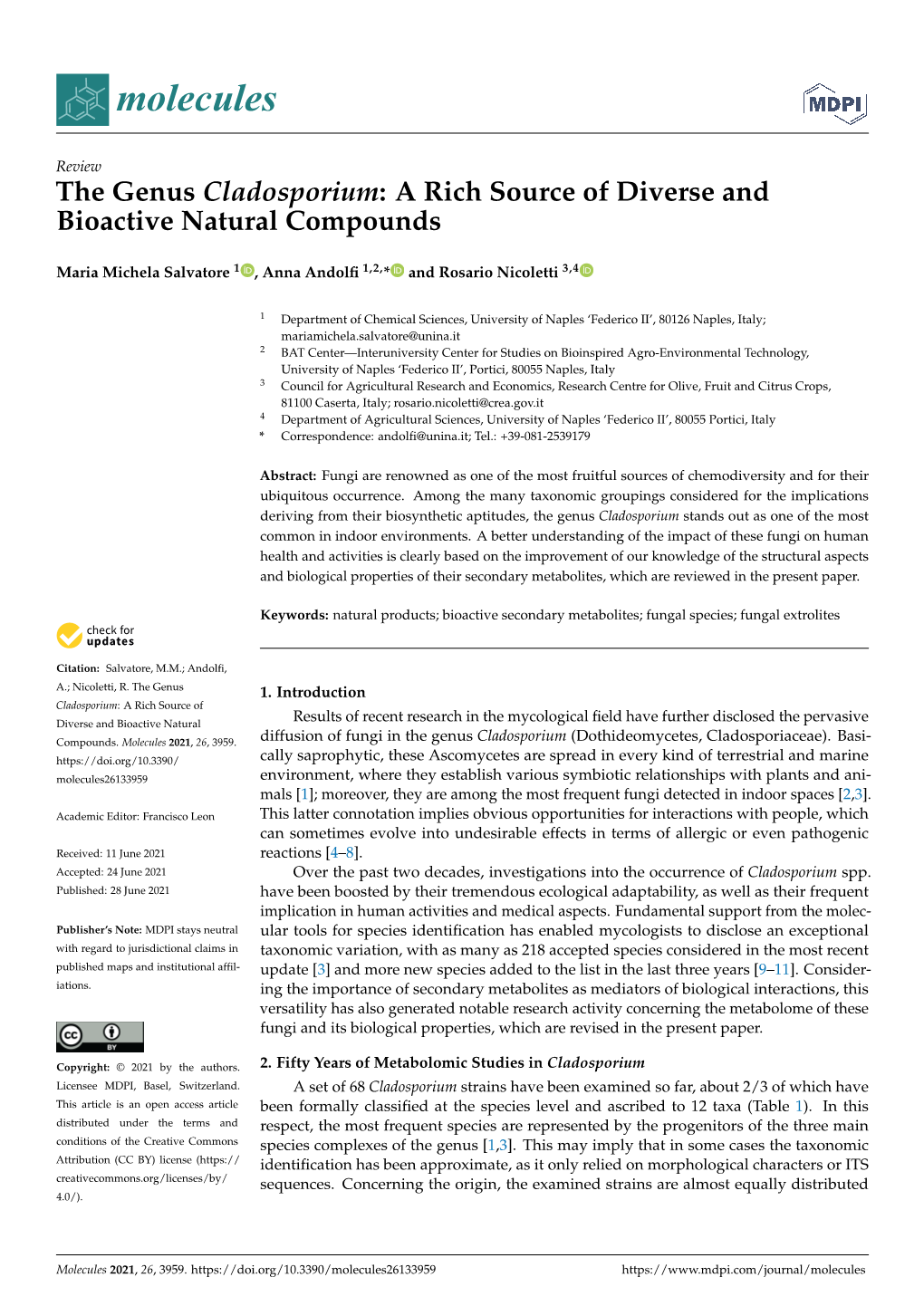 The Genus Cladosporium: a Rich Source of Diverse and Bioactive Natural Compounds