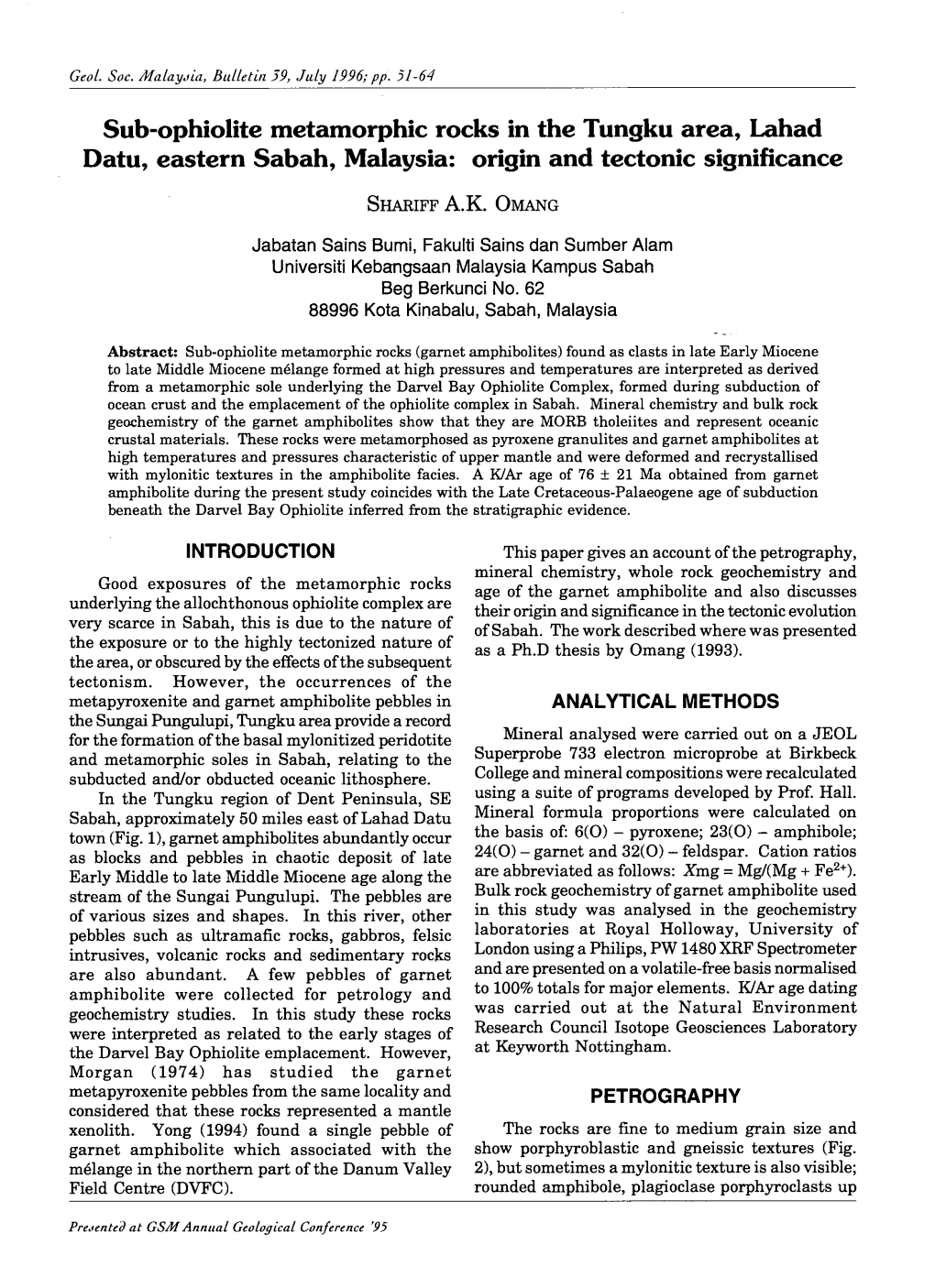 Sub-Ophiolite Metamorphic Rocks in the Tungku Area, Lahad Datu, Eastern Sabah, Malaysia: Origin and Tectonic Significance