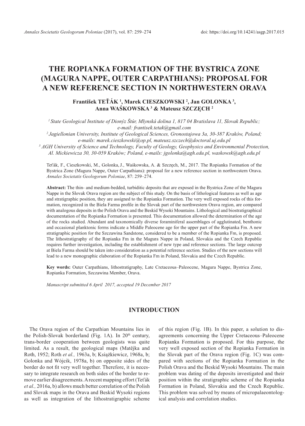 The Ropianka Formation of the Bystrica Zone (Magura Nappe, Outer Carpathians): Proposal for a New Reference Section in Northwestern Orava