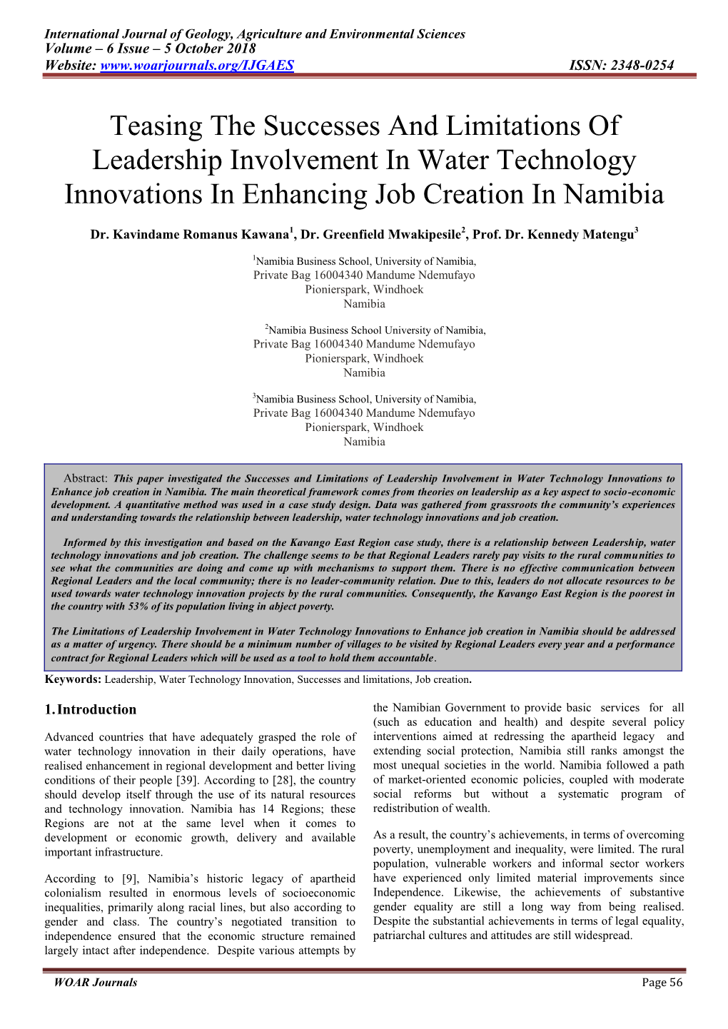 Teasing the Successes and Limitations of Leadership Involvement in Water Technology Innovations in Enhancing Job Creation in Namibia