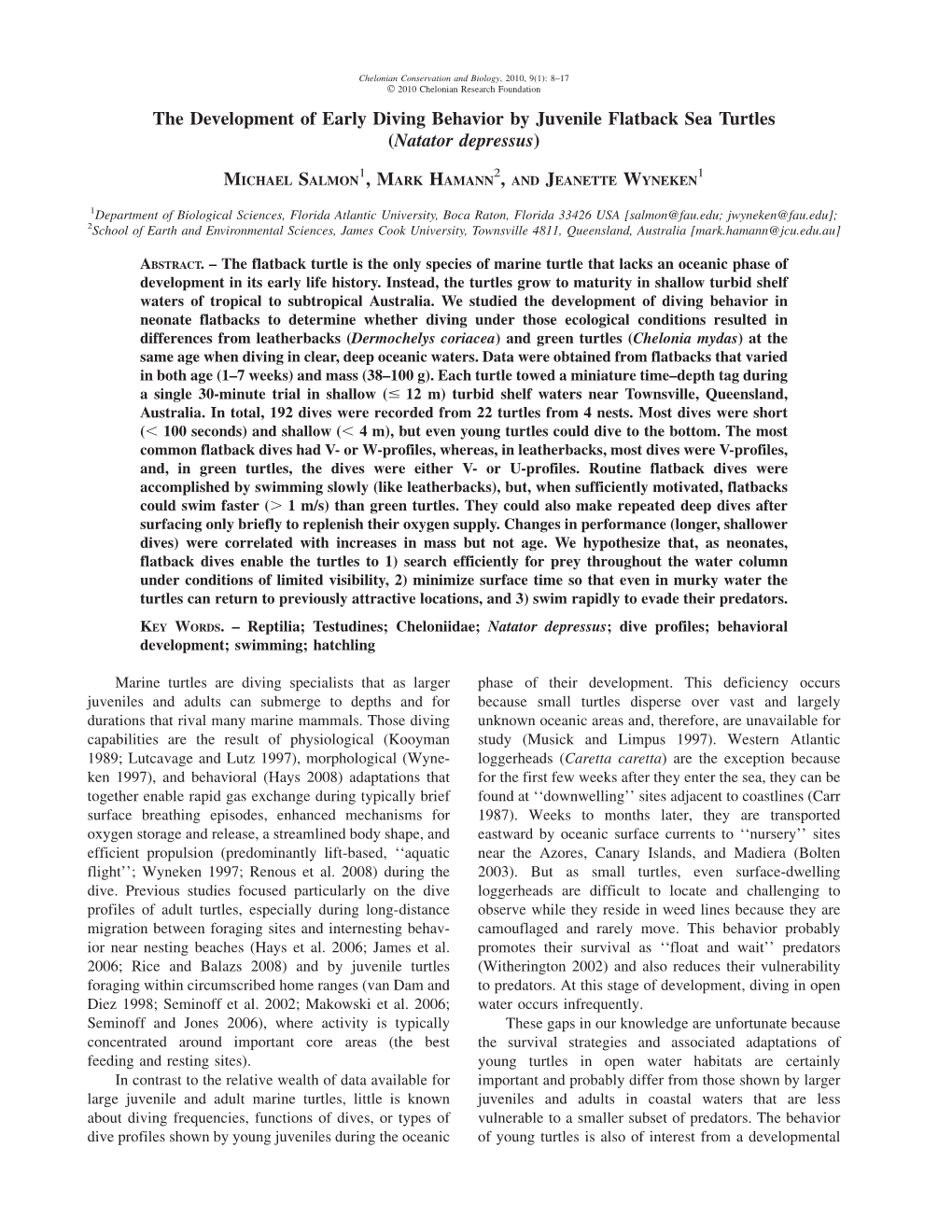 The Development of Early Diving Behavior by Juvenile Flatback Sea Turtles (Natator Depressus)