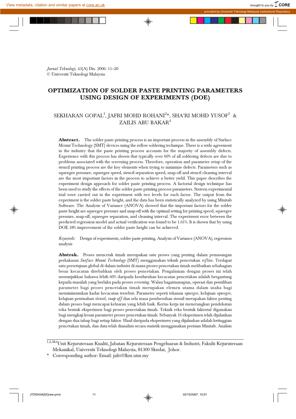 Optimization of Solder Paste Printing Parameters Using Design 11