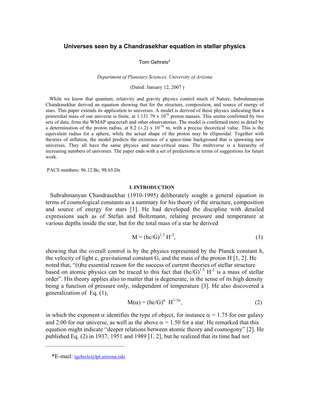 Universes Seen by a Chandrasekhar Equation in Stellar Physics