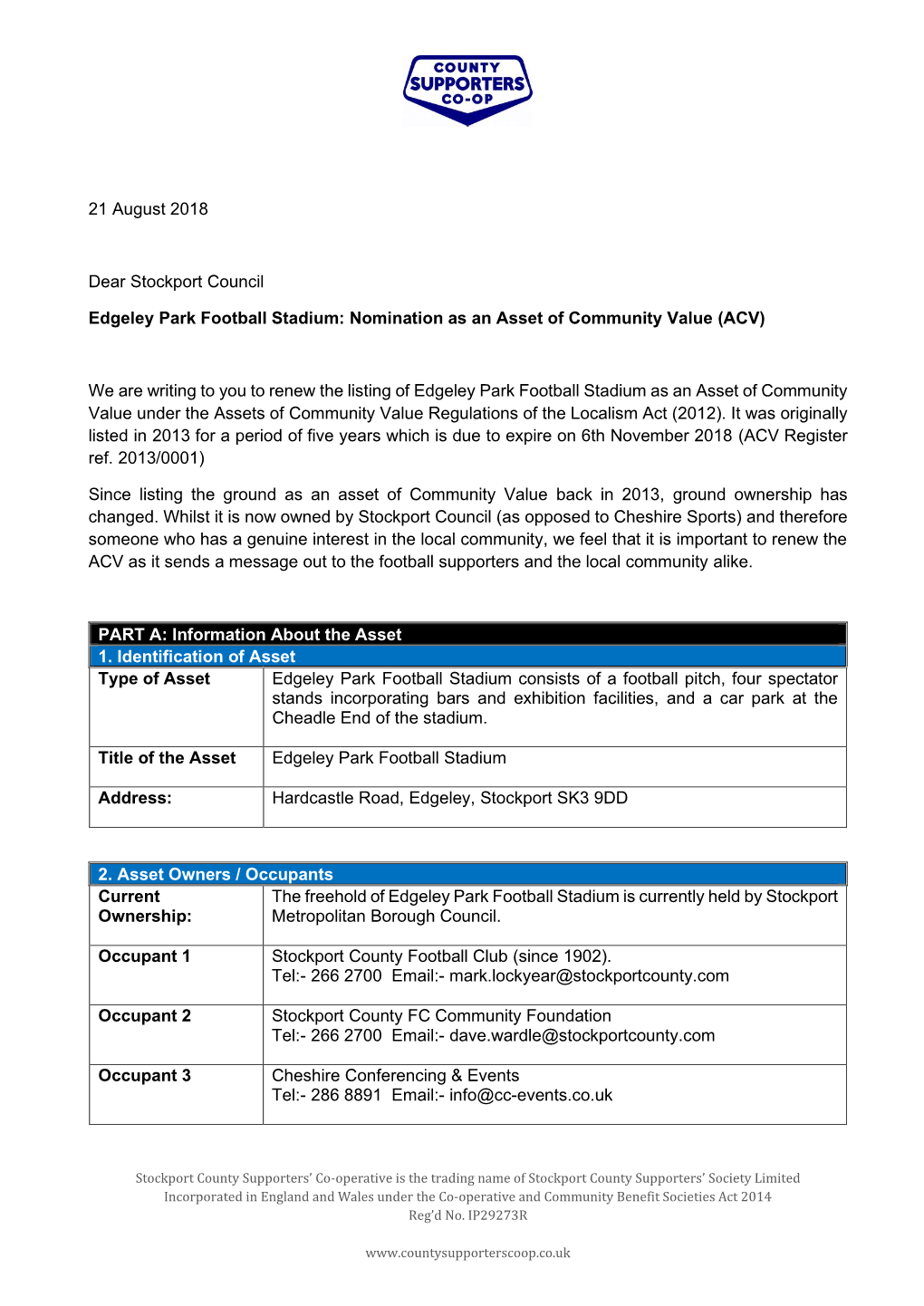 ACV Renewal Example – Edgeley Park 2018