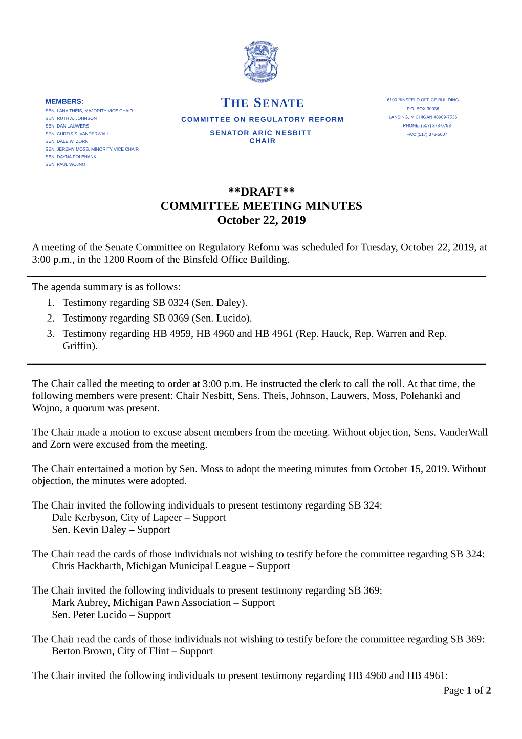 **DRAFT** COMMITTEE MEETING MINUTES October 22, 2019