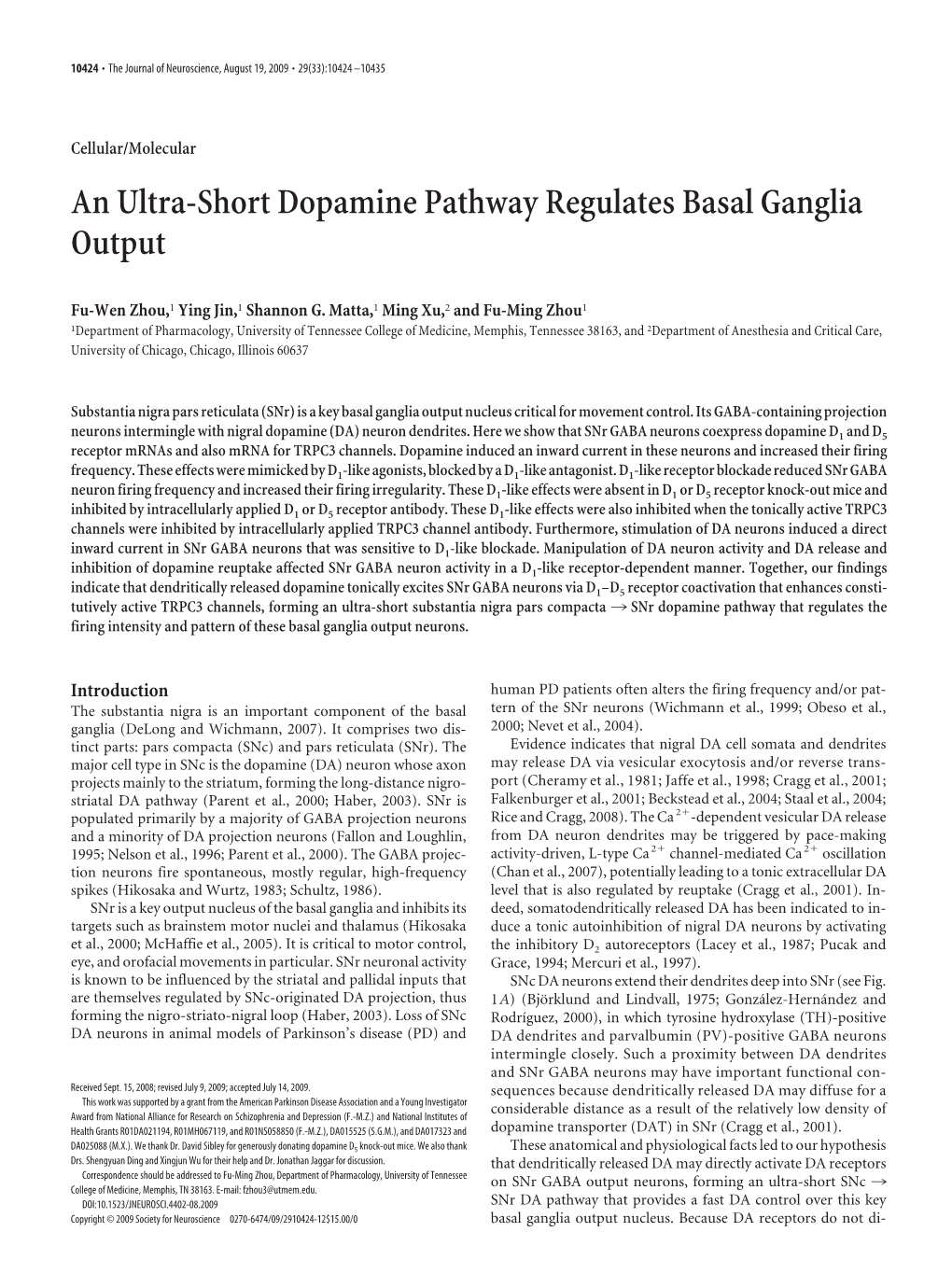 An Ultra-Short Dopamine Pathway Regulates Basal Ganglia Output