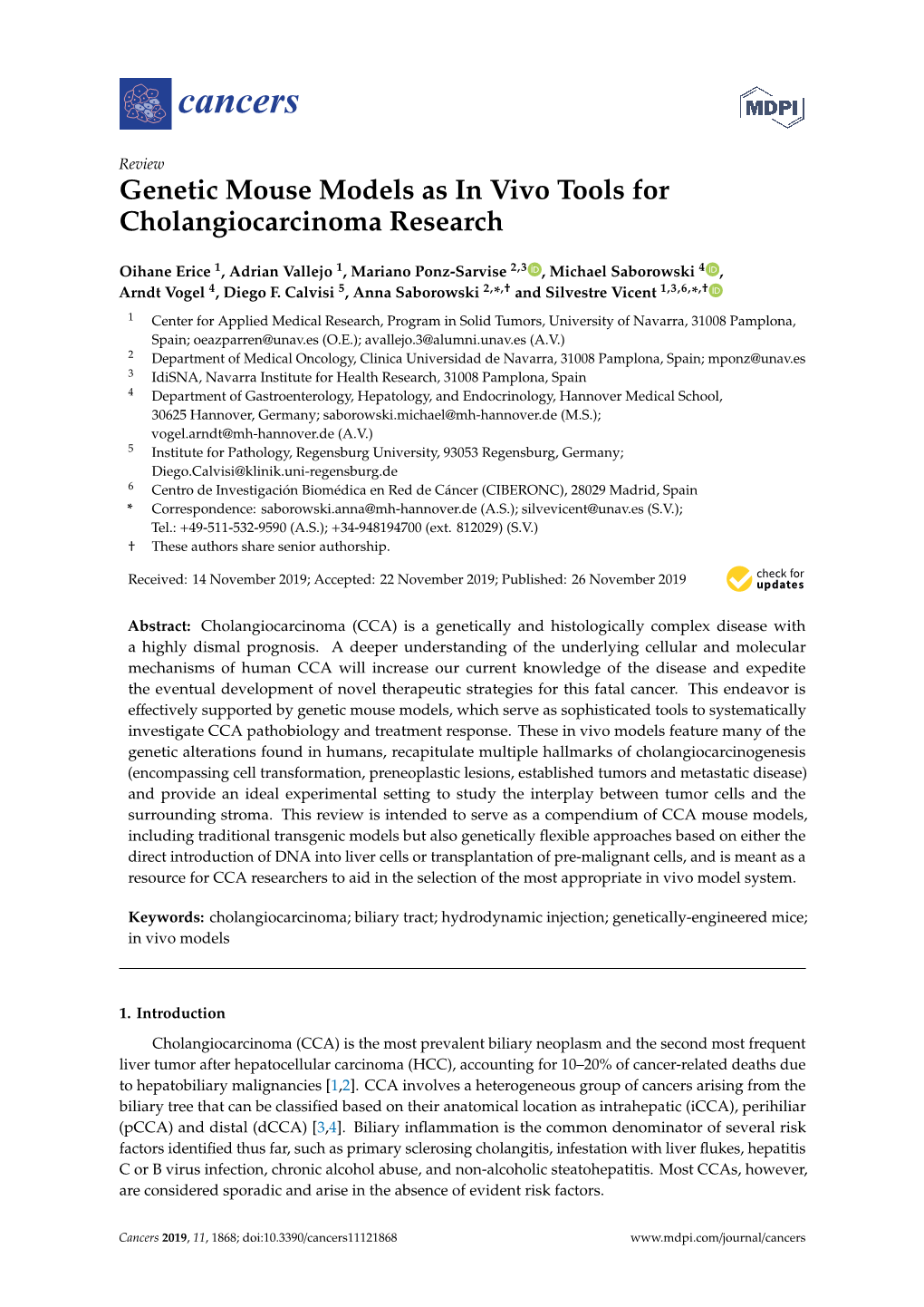 Genetic Mouse Models As in Vivo Tools for Cholangiocarcinoma Research