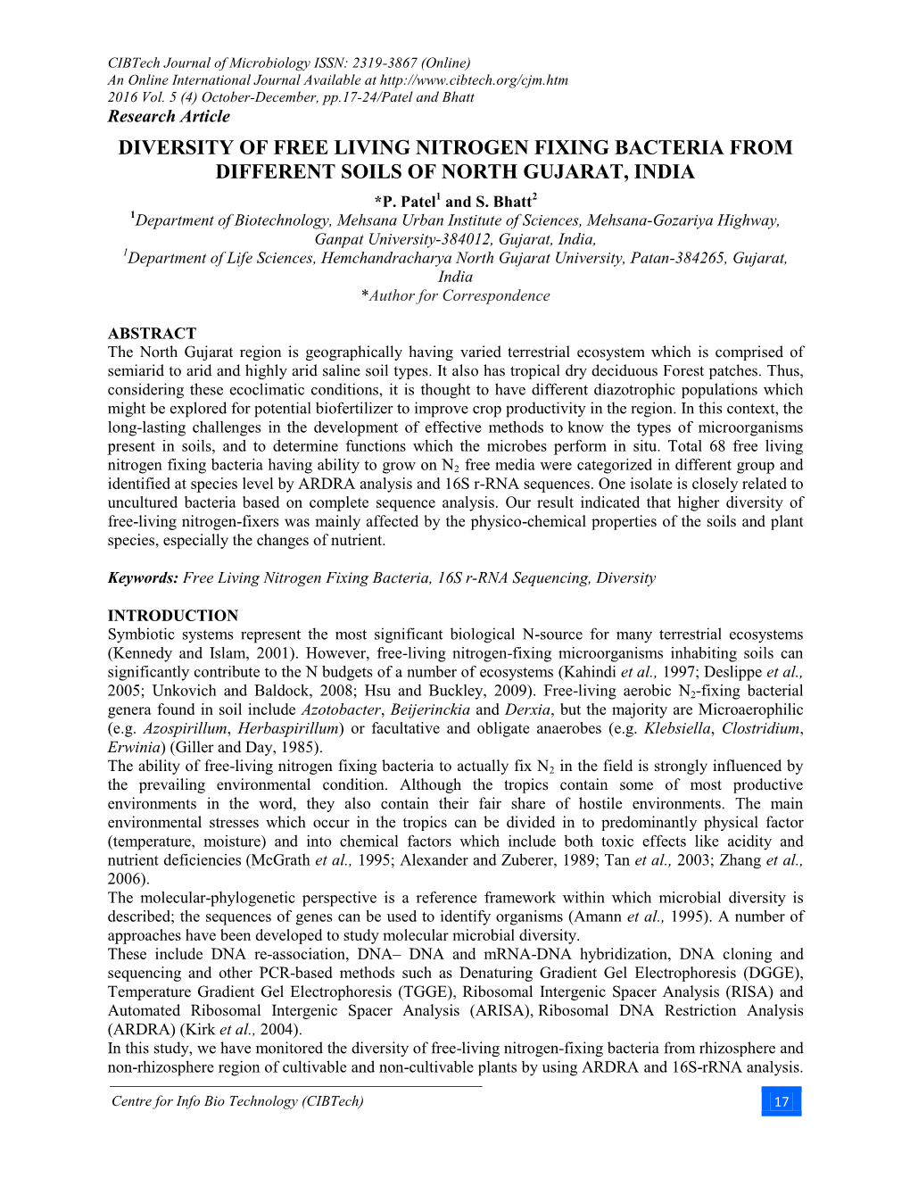 Diversity of Free Living Nitrogen Fixing Bacteria from Different Soils of North Gujarat, India *P