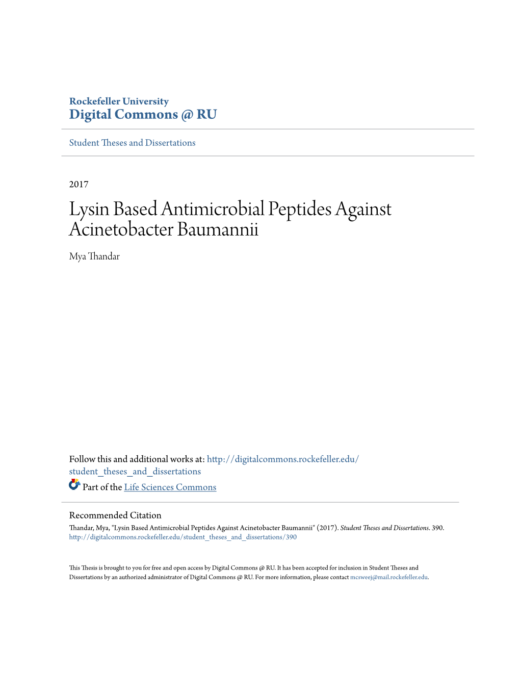 Lysin Based Antimicrobial Peptides Against Acinetobacter Baumannii Mya Thandar