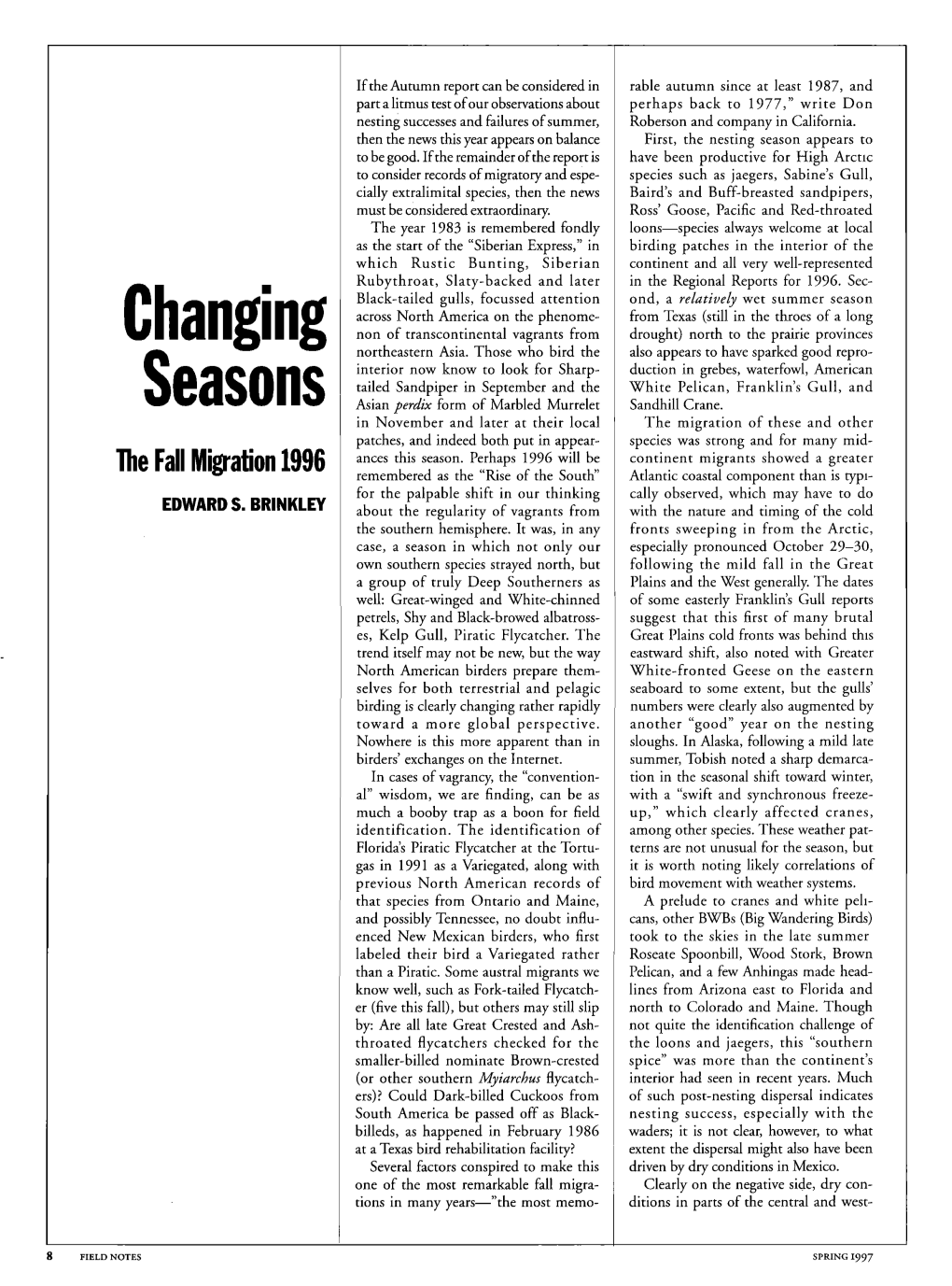 Changing Seasons the Fall Migration 1996