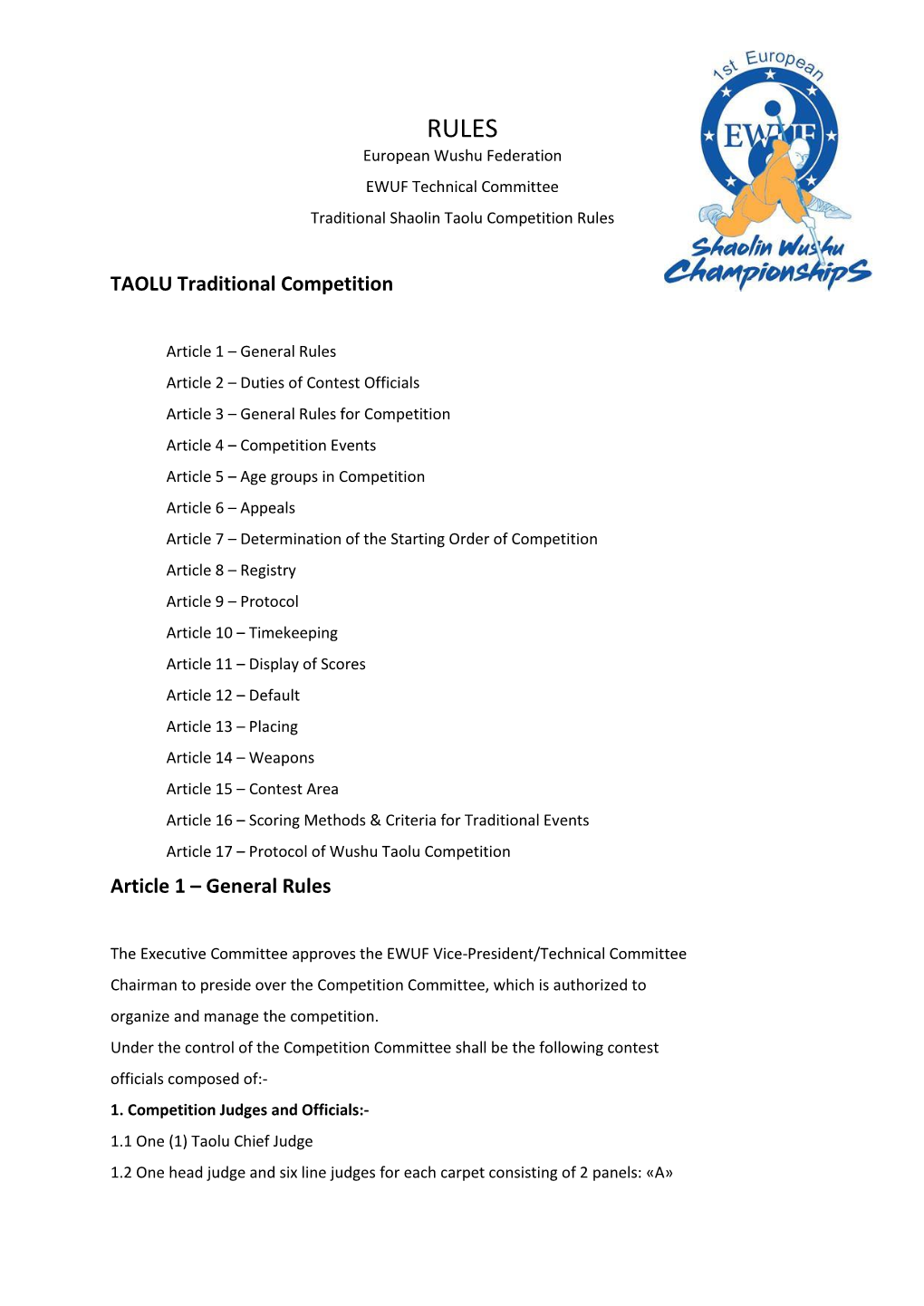 TAOLU Traditional Competition Article 1 – General Rules