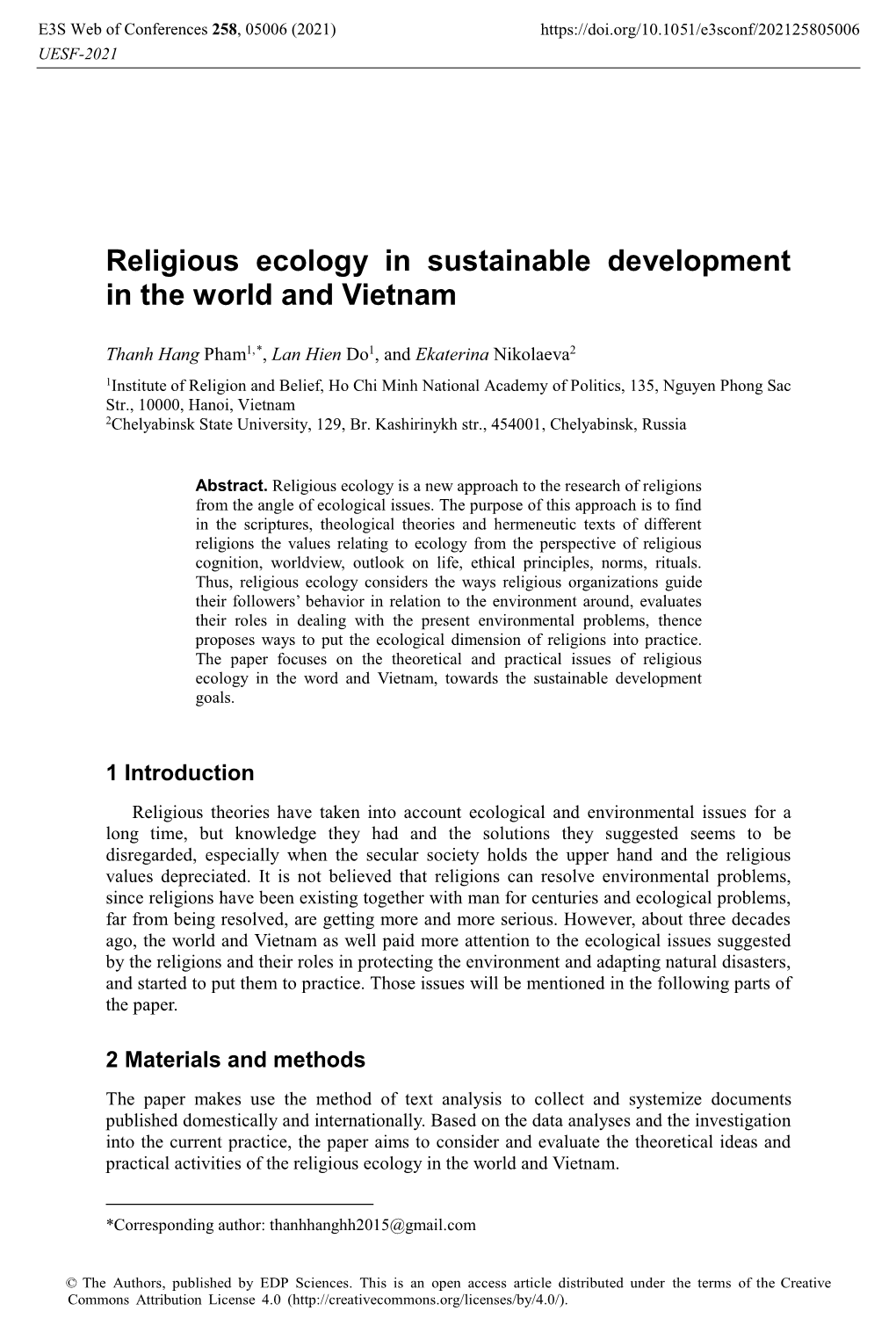 Religious Ecology in Sustainable Development in the World and Vietnam