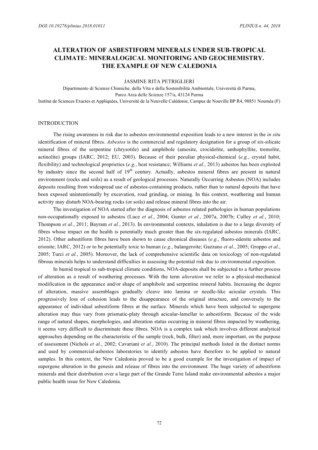 Alteration of Asbestiform Minerals Under Sub-Tropical Climate: Mineralogical Monitoring and Geochemistry