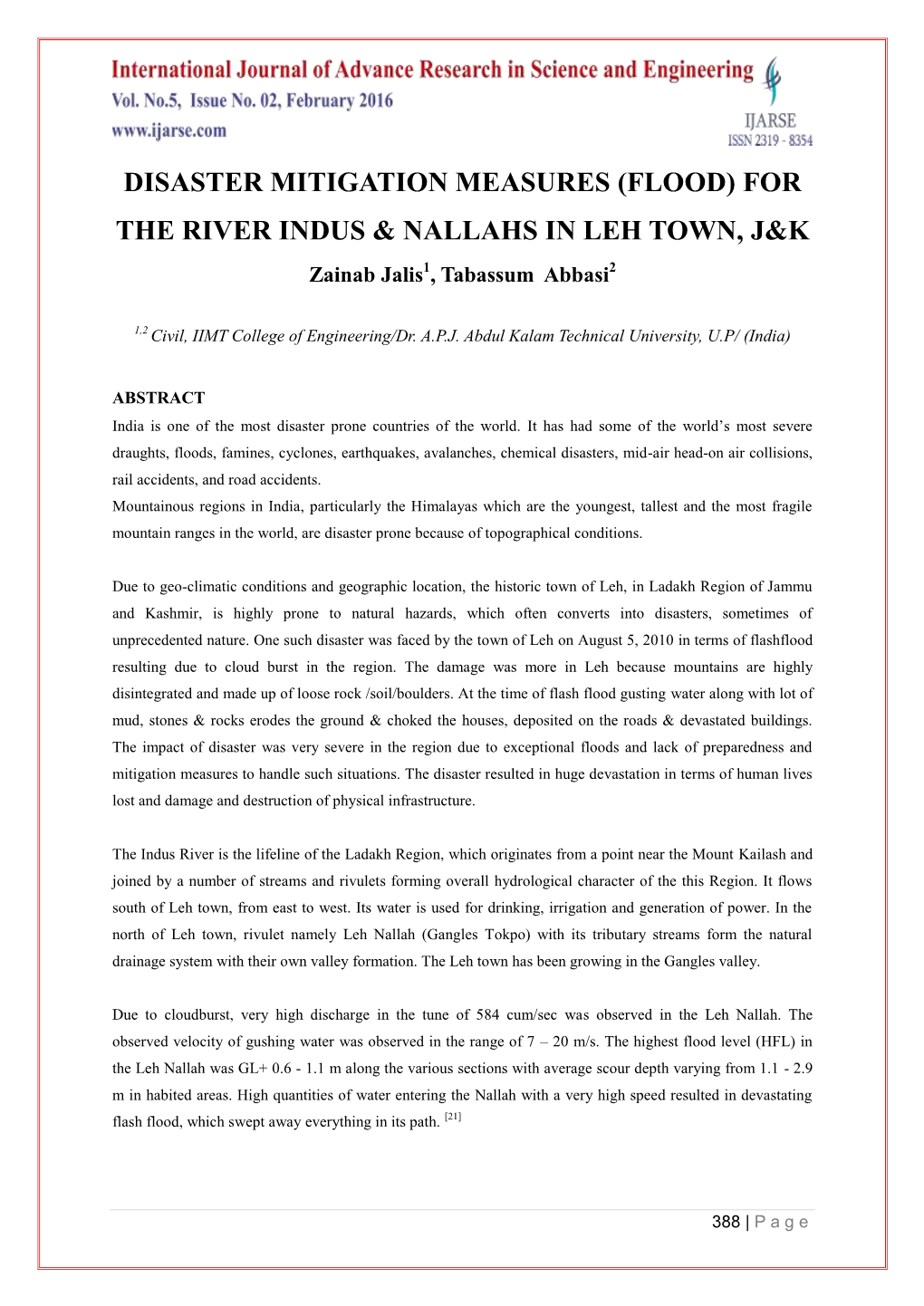 Disaster Mitigation Measures (Flood) for the River Indus & Nallahs in Leh