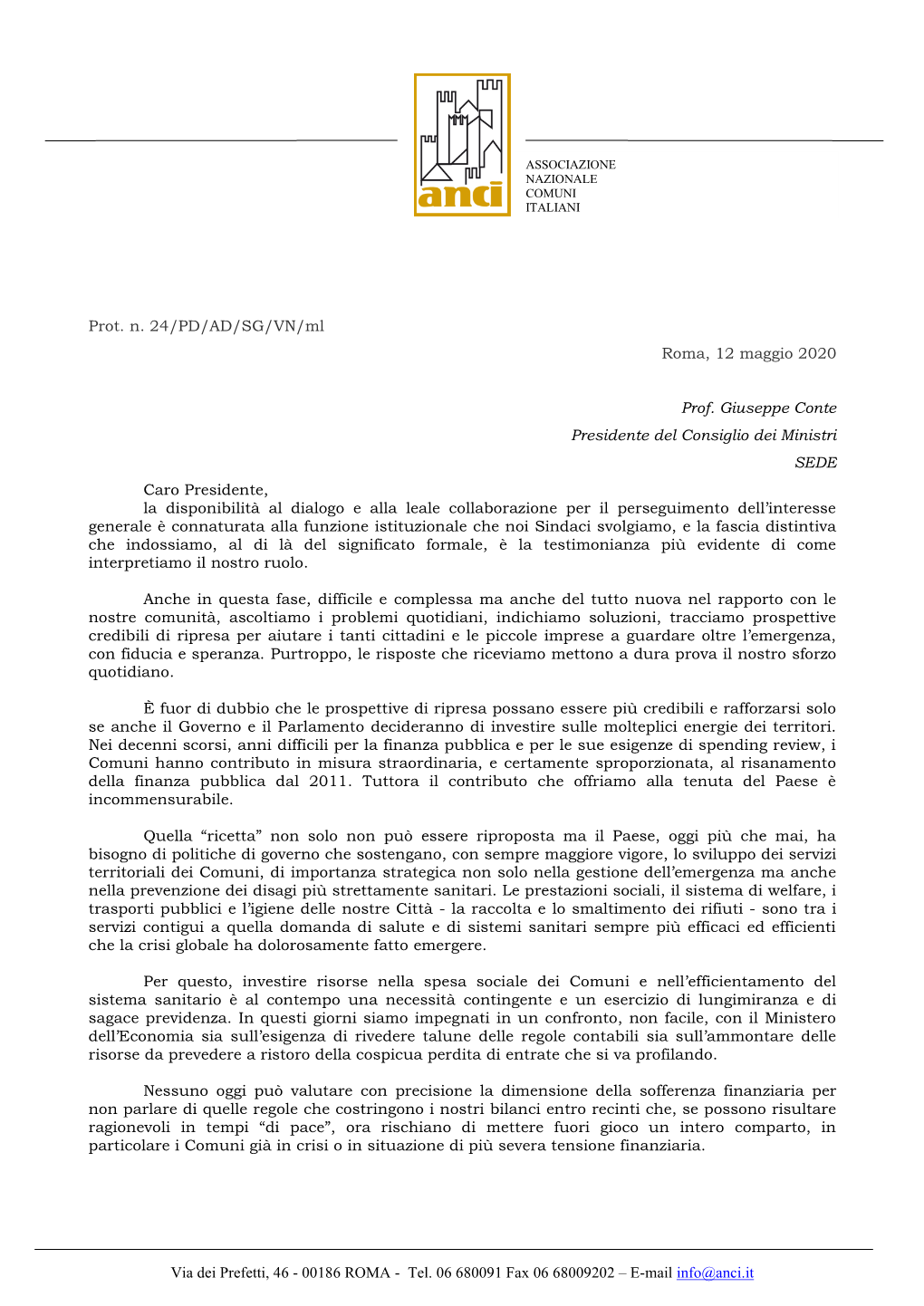 Lettera Sindaci a Presidente Conte