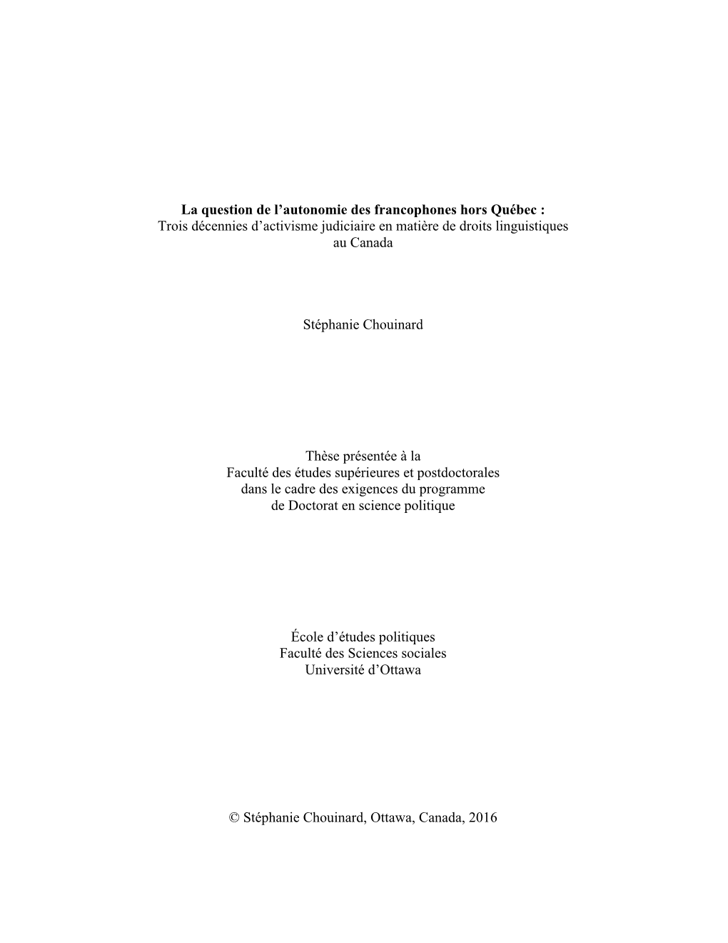 La Question De L'autonomie Des Francophones Hors Québec