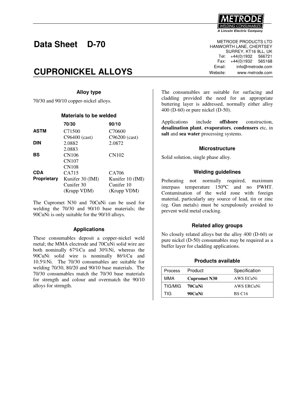 Data Sheet D-70 CUPRONICKEL ALLOYS