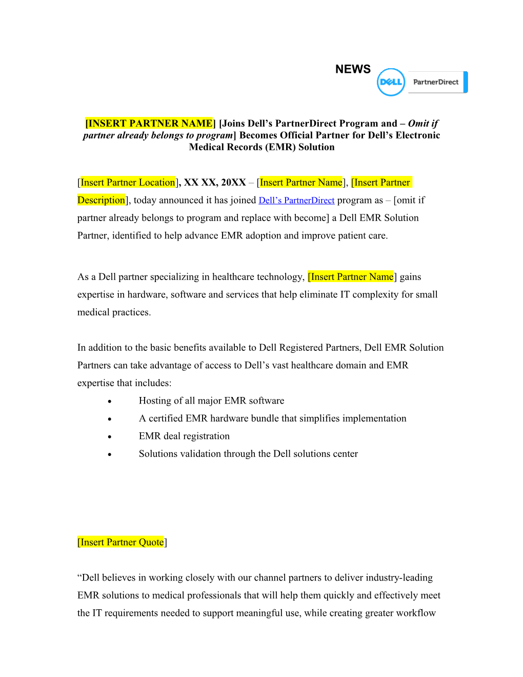 EMR Partner Press Release Template