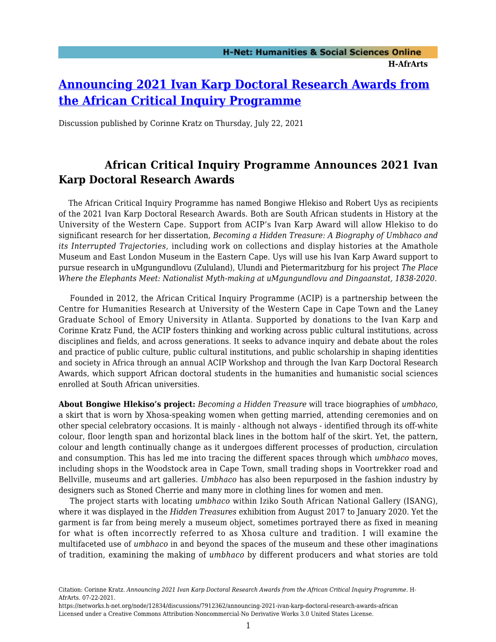 Announcing 2021 Ivan Karp Doctoral Research Awards from the African Critical Inquiry Programme