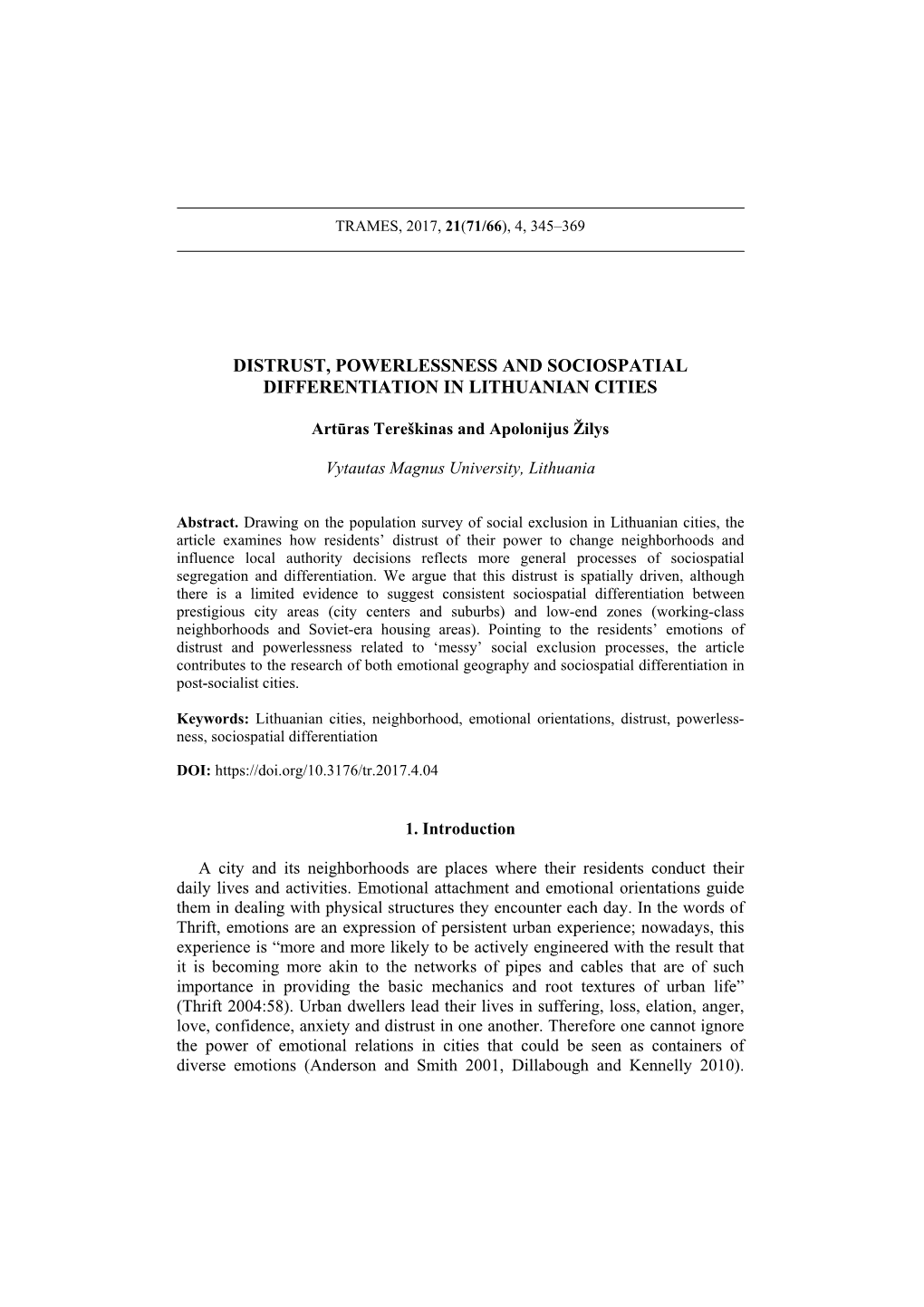 Distrust, Powerlessness and Sociospatial Differentiation in Lithuanian Cities