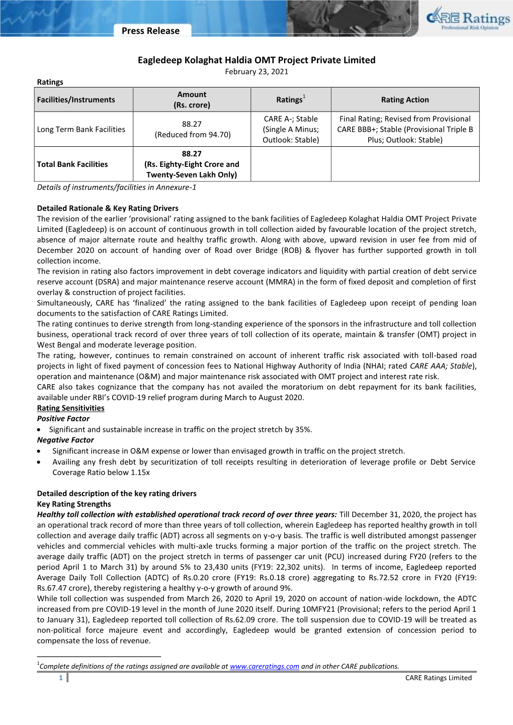 Press Release Eagledeep Kolaghat Haldia OMT Project Private Limited