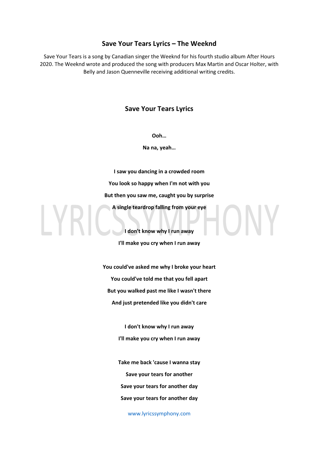 The Weeknd Save Your Tears Lyrics