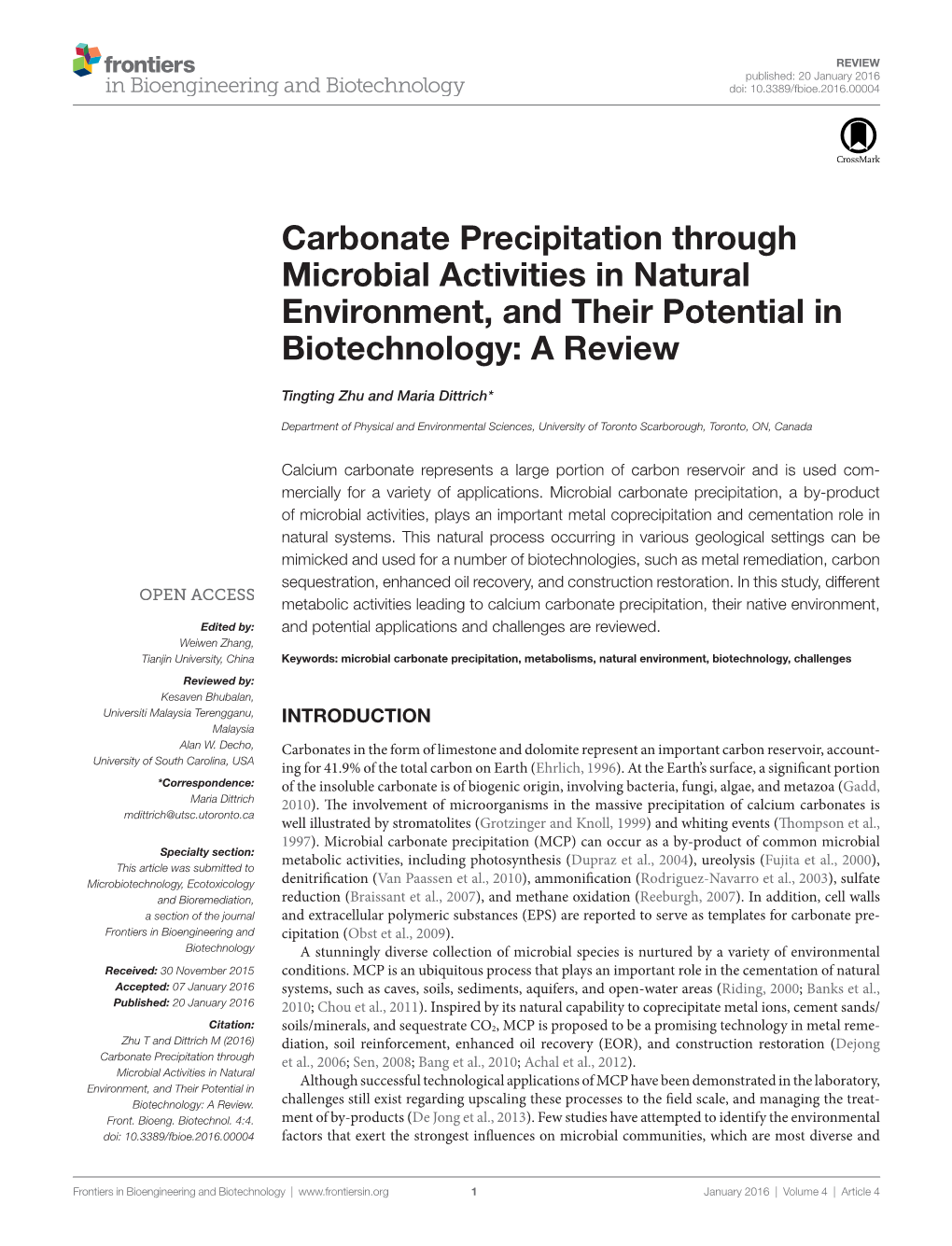 Carbonate Precipitation Through Microbial Activities in Natural Environment, and Their Potential in Biotechnology: a Review