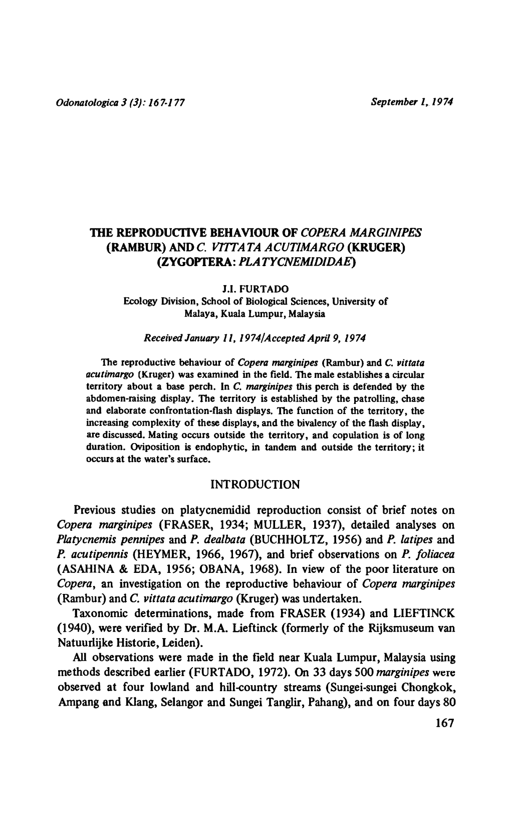 1974/Accepted April 9, Platycnemidid Reproduction Copera Marginipes