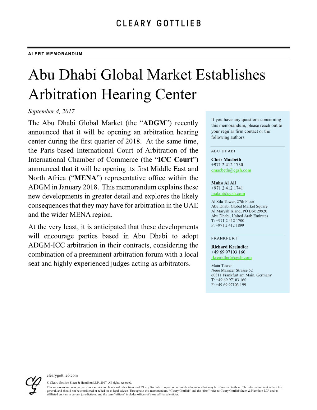 Abu Dhabi Global Market Establishes Arbitration Hearing Center