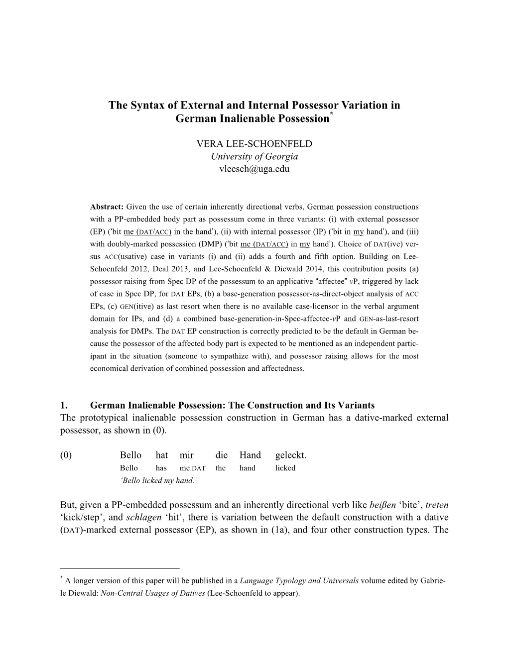 The Syntax of External and Internal Possessor Variation in German Inalienable Possession*