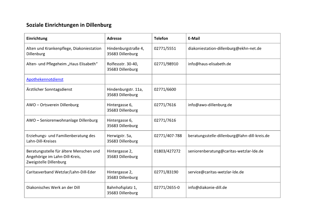 Soziale Einrichtungen in Dillenburg