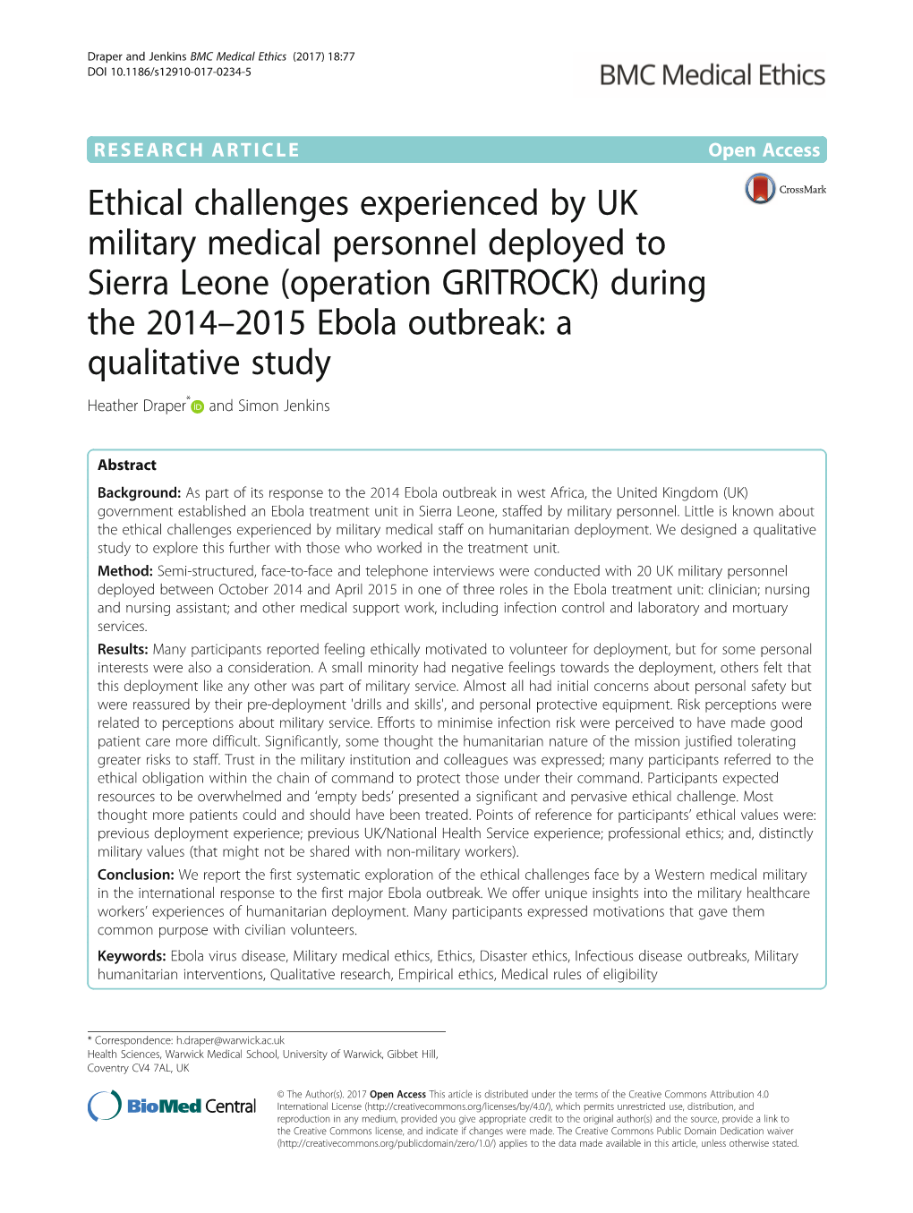 Ethical Challenges Experienced by UK Military Medical Personnel Deployed to Sierra Leone (Operation GRITROCK) During the 2014–