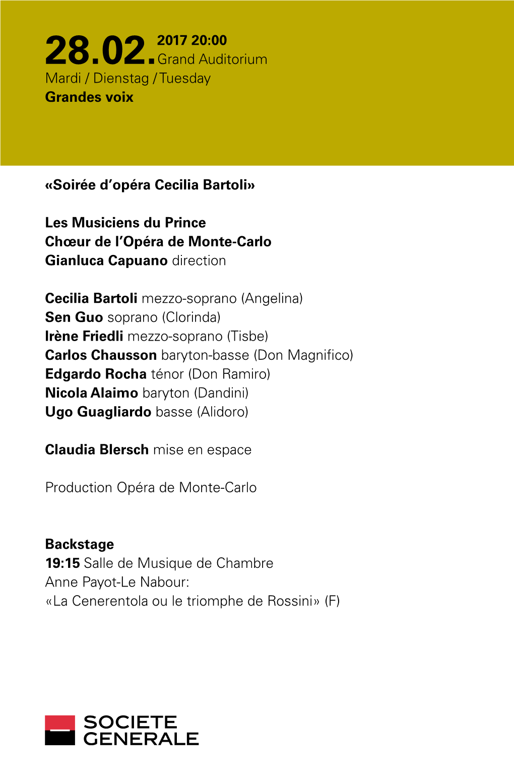 Soirée D'opéra Cecilia Bartoli» Les Musiciens Du Prince Chœur De L'opéra De Monte-Carlo Gianluca Capuano Direction Ce