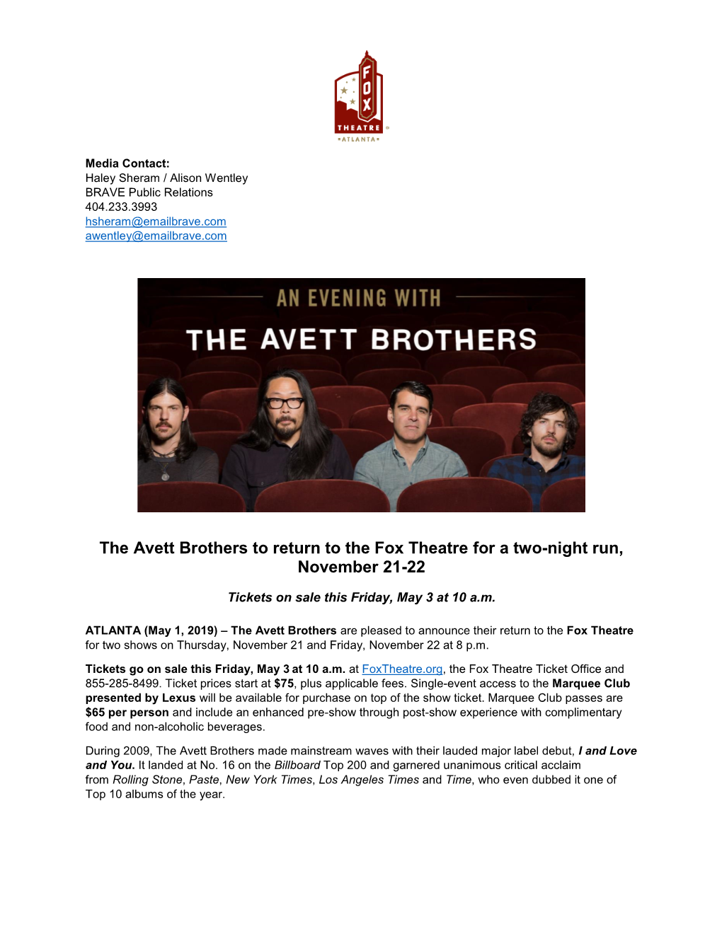 The Avett Brothers to Return to the Fox Theatre for a Two-Night Run, November 21-22