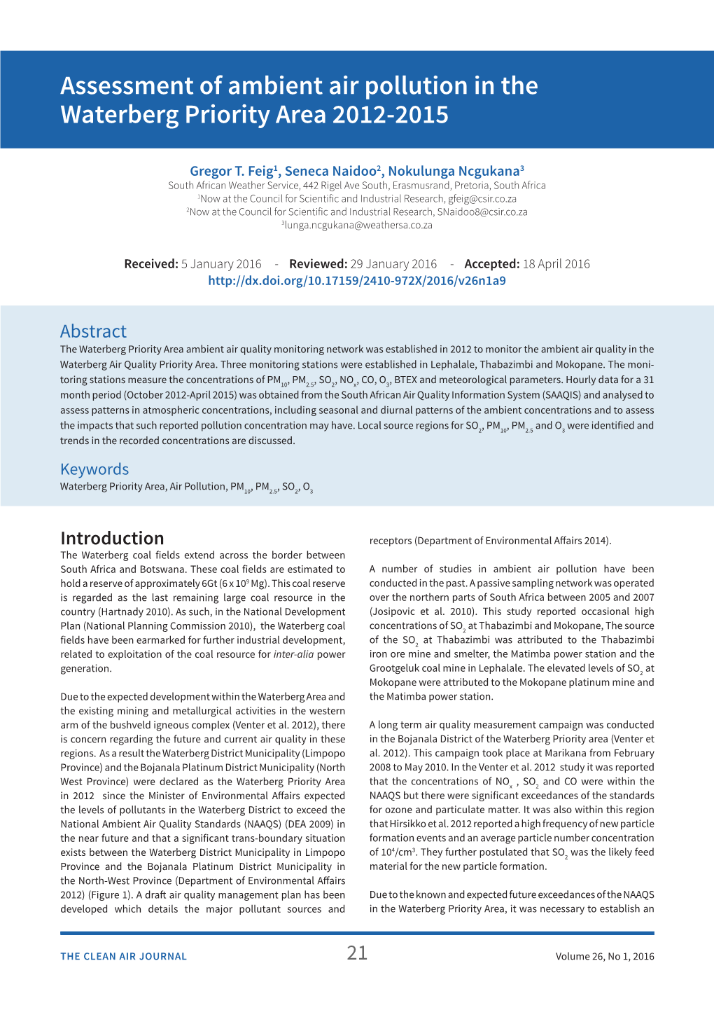 Assessment of Ambient Air Pollution in the Waterberg Priority Area 2012-2015