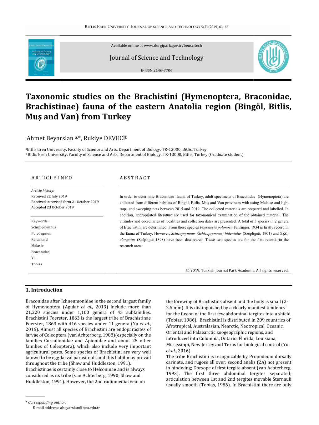 Hymenoptera, Braconidae, Brachistinae) Fauna of the Eastern Anatolia Region (Bingöl, Bitlis, Muş and Van) from Turkey