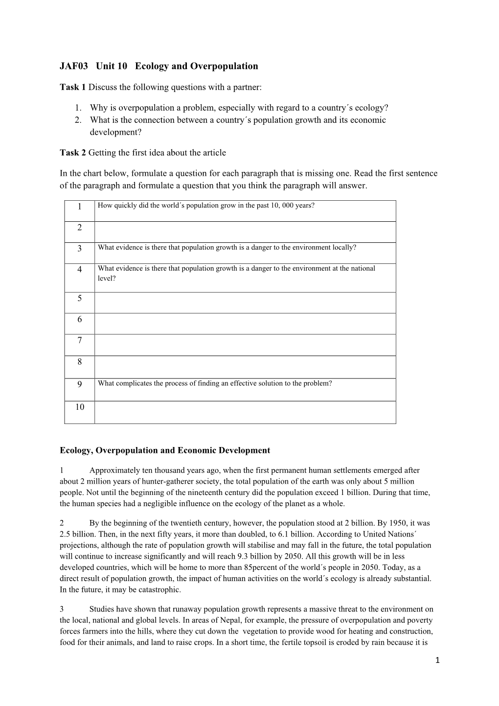 JAF03 Unit 10 Ecology and Overpopulation