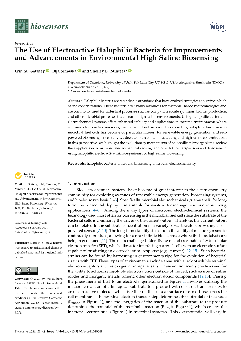 The Use of Electroactive Halophilic Bacteria for Improvements and Advancements in Environmental High Saline Biosensing